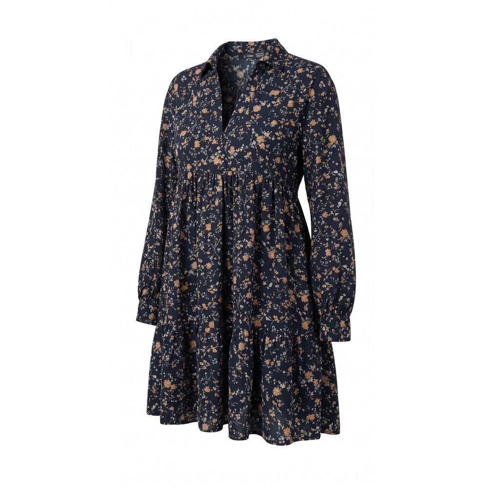SHEIN Womens Floral V-Neck Long Sleeve Tiered Babydoll Mini Dress Navy XS